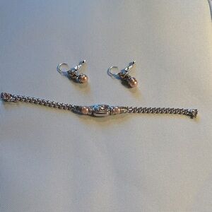 Othr Silver and Faux Pink pearl Bracelet with earrings.  Touch of gold accents